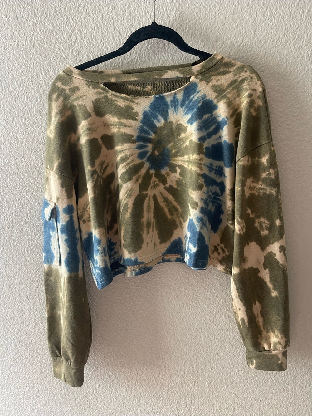 Dance & Marvel Olive and Blue Tie-Dye Cropped Sweatshirt
